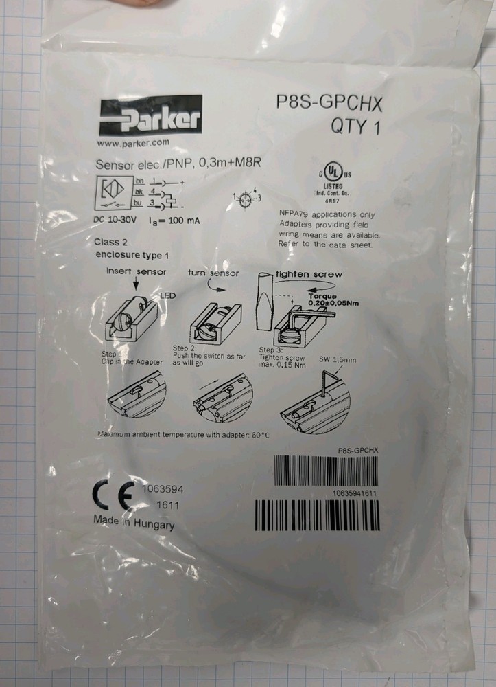 PARKER P8S-GQCHX 10-30VDC, 3pin M8 PNP (New/sealed package)