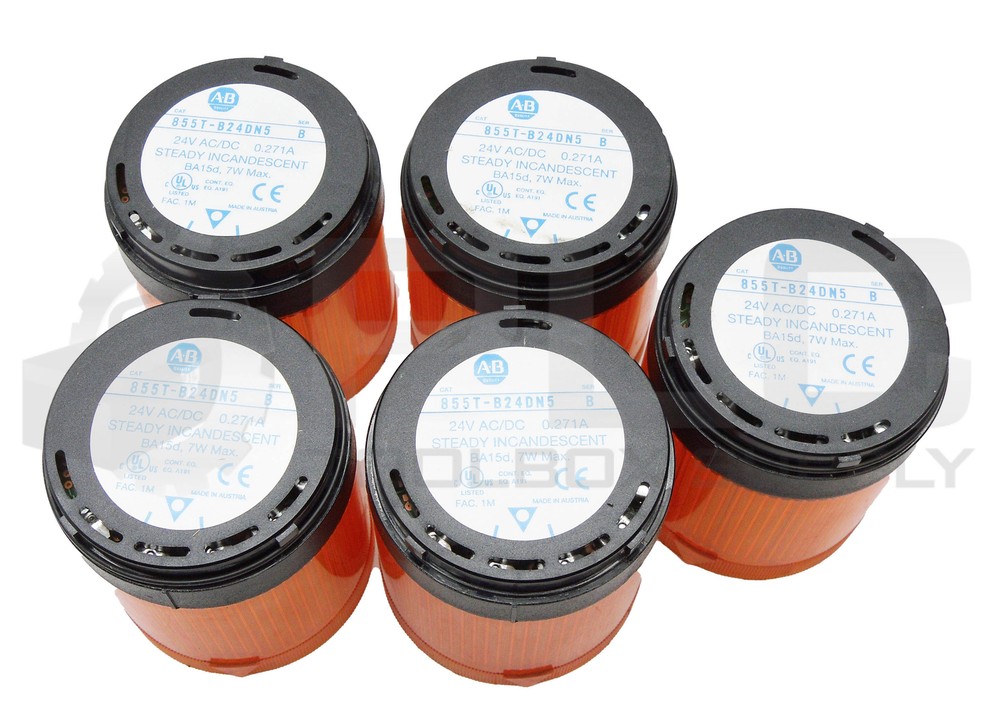 LOT OF 5 ALLEN BRADLEY 855T-B24DN5 AMBER STEADY INCANDESCENT SER B NO BULB