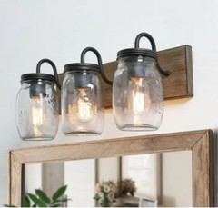 LNC Farmhouse Bathroom Vanity Light 3-Light Black & Brown w/ Mason Jar Glass