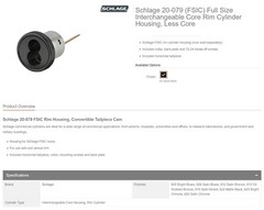 1 NEW SCHLAGE 20-079.622 INTERCHANGABLE RIM CYLINDER LESS CORE NIB *MAKE OFFER*