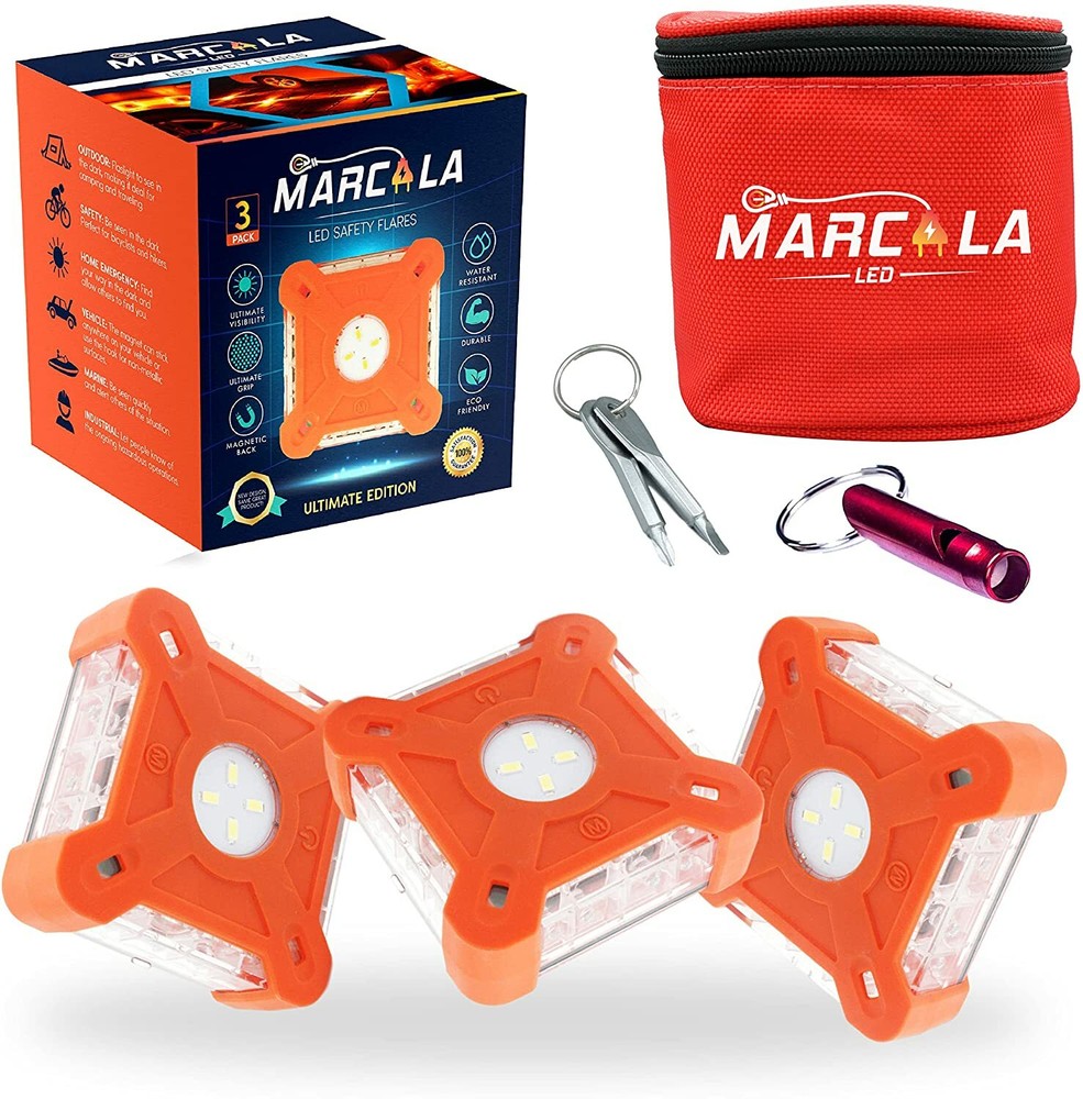 NEW MARCALA 3-Pack LED Road Flares w/ Batteries – 3 Bonuses Included!