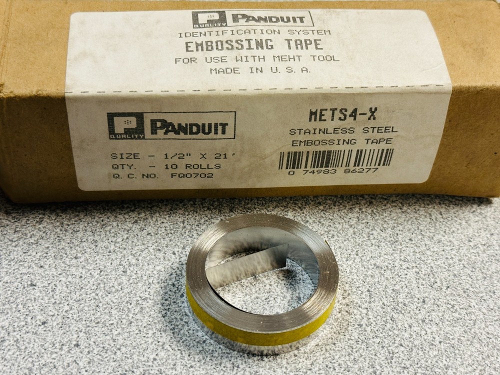 NEW BOX OF 10 ROLLS PANDUIT METS4-X STAINLESS STEEL EMBOSSING TAPE 1/2″ x 21′