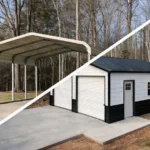 spilt image with the left side being a standard carport and the right being a standard garage