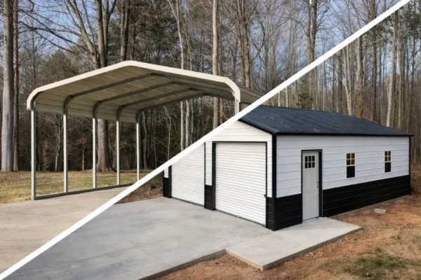 spilt image with the left side being a standard carport and the right being a standard garage