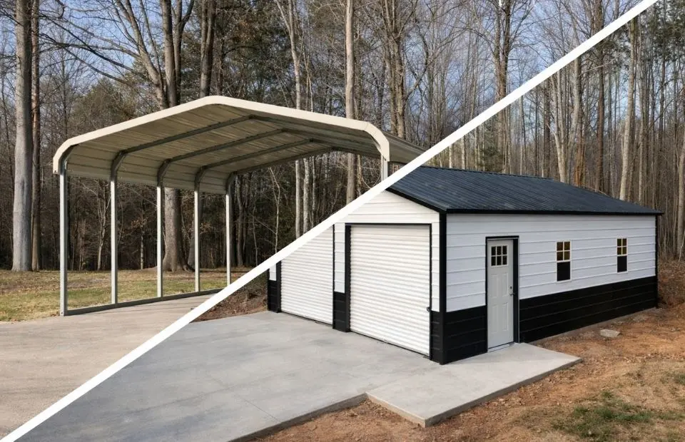 spilt image with the left side being a standard carport and the right being a standard garage